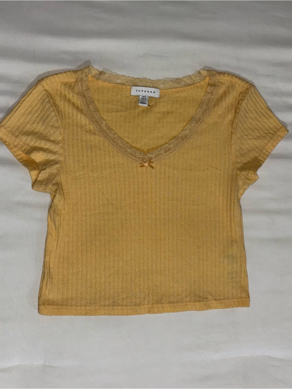 Topshop Soft Yellow Lace-Trim Ribbed V-Neck Crop Tee